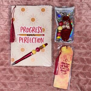 Progress Over Perfection Notebook Beaded Pen & Tassel Bookmark keychain hotel